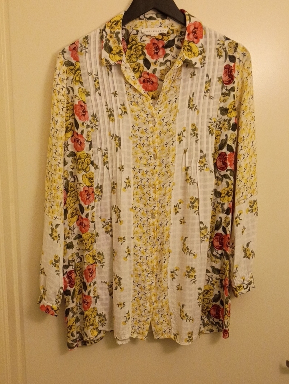 Jane + Delancey Floral Pintuck Paneled Button-Up Top in White, Yellow & Red